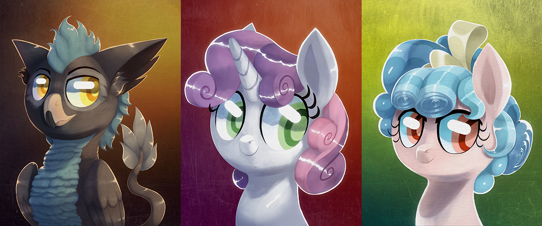 A group photo featuring Sweetie Belle, Cozy Glow and Gabe Brown!