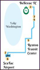 Map of the route taken by Sound Transit 560 from the SeaTac Airport to the Bellevue Transit Center.